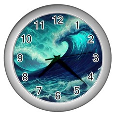 Waves Ocean Sea Tsunami Nautical Wall Clock (silver)