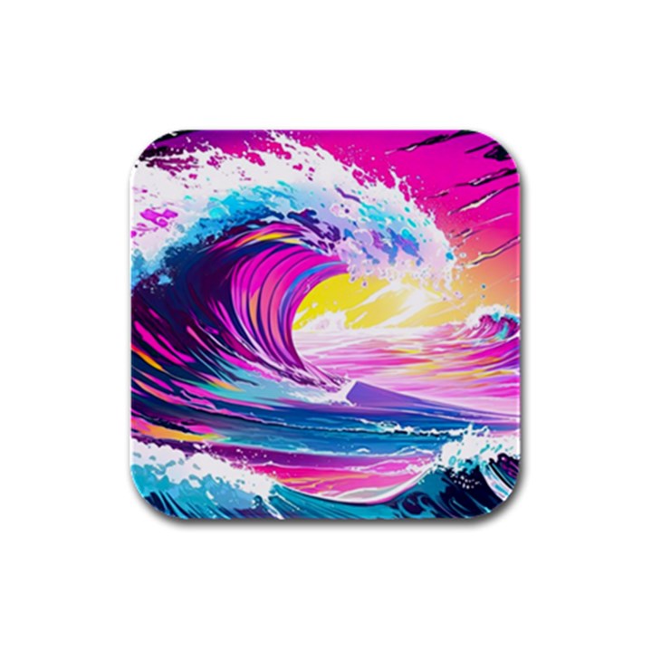 Tsunami Waves Ocean Sea Nautical Nature Water Blue Water Rubber Square Coaster (4 pack)