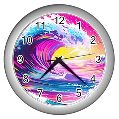 Tsunami Waves Ocean Sea Nautical Nature Water Blue Water Wall Clock (silver)