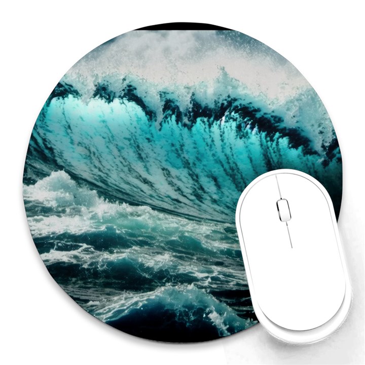 Tsunami Waves Ocean Sea Nautical Nature Water Blue Black Round Mousepad