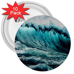 Tsunami Waves Ocean Sea Nautical Nature Water Blue Black 3  Buttons (10 Pack) 