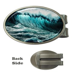 Tsunami Waves Ocean Sea Nautical Nature Water Blue Black Money Clips (oval)  by Jancukart