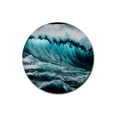 Tsunami Waves Ocean Sea Nautical Nature Water Blue Black Rubber Coaster (round) by Jancukart