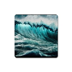 Tsunami Waves Ocean Sea Nautical Nature Water Blue Black Square Magnet by Jancukart