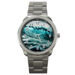 Tsunami Waves Ocean Sea Nautical Nature Water Blue Black Sport Metal Watch by Jancukart