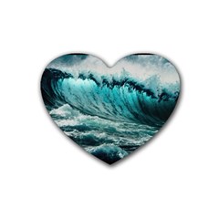 Tsunami Waves Ocean Sea Nautical Nature Water Blue Black Rubber Coaster (heart) by Jancukart