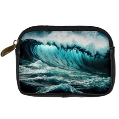 Tsunami Waves Ocean Sea Nautical Nature Water Blue Black Digital Camera Leather Case by Jancukart