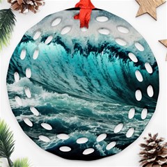 Tsunami Waves Ocean Sea Nautical Nature Water Blue Black Ornament (round Filigree)