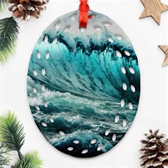 Tsunami Waves Ocean Sea Nautical Nature Water Blue Black Ornament (oval Filigree)