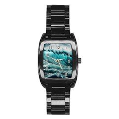 Tsunami Waves Ocean Sea Nautical Nature Water Blue Black Stainless Steel Barrel Watch by Jancukart