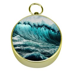 Tsunami Waves Ocean Sea Nautical Nature Water Blue Black Gold Compasses by Jancukart