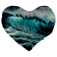 Tsunami Waves Ocean Sea Nautical Nature Water Blue Black Large 19  Premium Flano Heart Shape Cushions