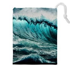 Tsunami Waves Ocean Sea Nautical Nature Water Blue Black Drawstring Pouch (5xl) by Jancukart