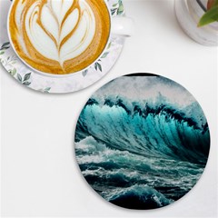 Tsunami Waves Ocean Sea Nautical Nature Water Blue Black Uv Print Round Tile Coaster by Jancukart