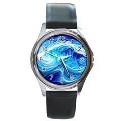 Tsunami Waves Ocean Sea Nautical Nature Abstract Blue Water Round Metal Watch by Jancukart