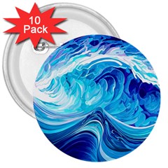 Tsunami Waves Ocean Sea Nautical Nature Abstract Blue Water 3  Buttons (10 Pack)  by Jancukart