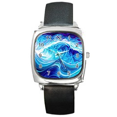 Tsunami Waves Ocean Sea Nautical Nature Abstract Blue Water Square Metal Watch by Jancukart