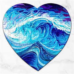 Tsunami Waves Ocean Sea Nautical Nature Abstract Blue Water Jigsaw Puzzle (heart) by Jancukart