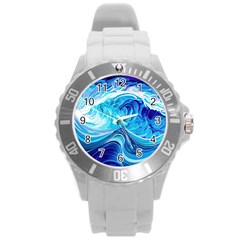 Tsunami Waves Ocean Sea Nautical Nature Abstract Blue Water Round Plastic Sport Watch (l) by Jancukart