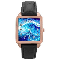 Tsunami Waves Ocean Sea Nautical Nature Abstract Blue Water Rose Gold Leather Watch  by Jancukart