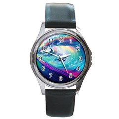 Waves Ocean Sea Tsunami Nautical Nature Water Round Metal Watch by Jancukart