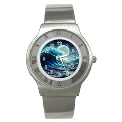 Tsunami Waves Ocean Sea Nautical Nature Water 4 Stainless Steel Watch by Jancukart