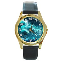 Thunderstorm Tsunami Tidal Wave Ocean Waves Sea Round Gold Metal Watch by Jancukart