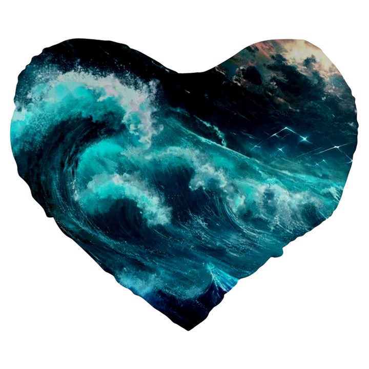 Thunderstorm Tsunami Tidal Wave Ocean Waves Sea Large 19  Premium Flano Heart Shape Cushions