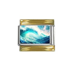 Tsunami Waves Ocean Sea Nautical Nature Water 8 Gold Trim Italian Charm (9mm)