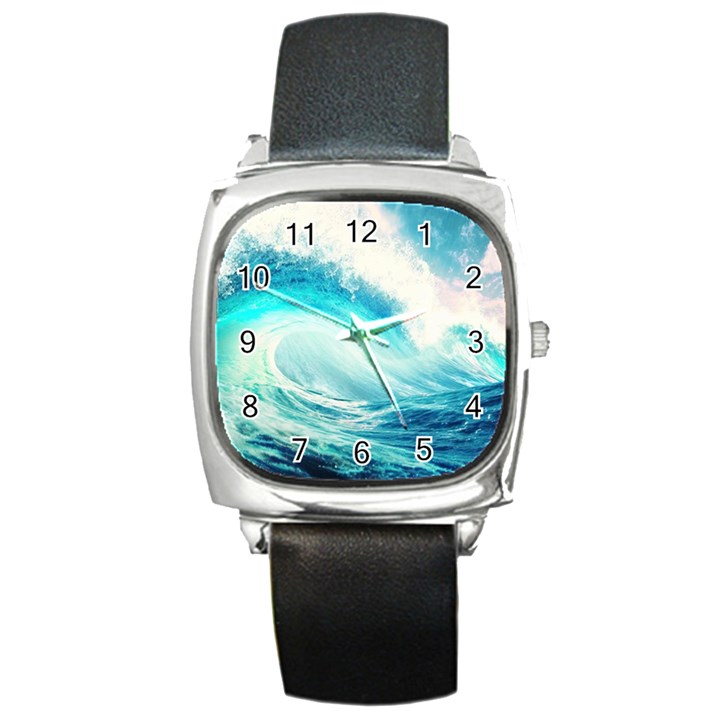 Tsunami Waves Ocean Sea Nautical Nature Water 8 Square Metal Watch