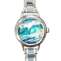 Tsunami Waves Ocean Sea Nautical Nature Water Blue Nature Round Italian Charm Watch by Jancukart