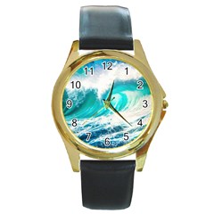 Tsunami Waves Ocean Sea Nautical Nature Water Blue Nature Round Gold Metal Watch by Jancukart