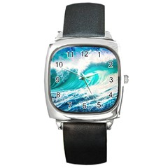 Tsunami Waves Ocean Sea Nautical Nature Water Blue Nature Square Metal Watch by Jancukart