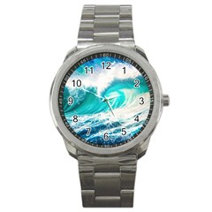 Tsunami Waves Ocean Sea Nautical Nature Water Blue Nature Sport Metal Watch by Jancukart