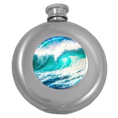 Tsunami Waves Ocean Sea Nautical Nature Water Blue Nature Round Hip Flask (5 Oz)