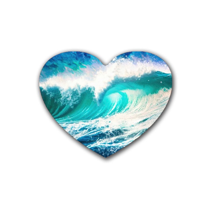 Tsunami Waves Ocean Sea Nautical Nature Water Blue Nature Rubber Heart Coaster (4 pack)