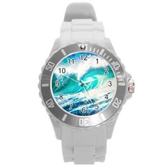 Tsunami Waves Ocean Sea Nautical Nature Water Blue Nature Round Plastic Sport Watch (l) by Jancukart