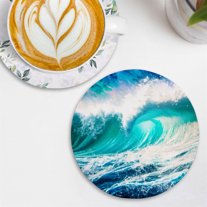 Tsunami Waves Ocean Sea Nautical Nature Water Blue Nature UV Print Round Tile Coaster