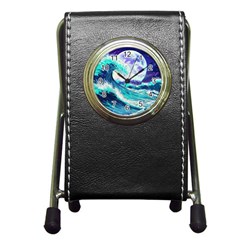 Tsunami Waves Ocean Sea Nautical Nature Water Pen Holder Desk Clock