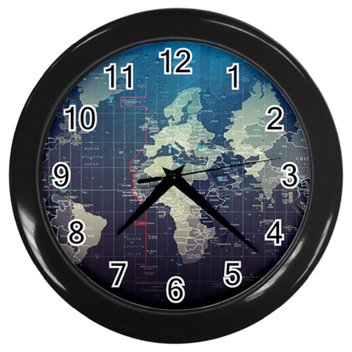 Vintage World Map Illustration Artwork Water Drop Digital Art arts Wall Clock (Black)