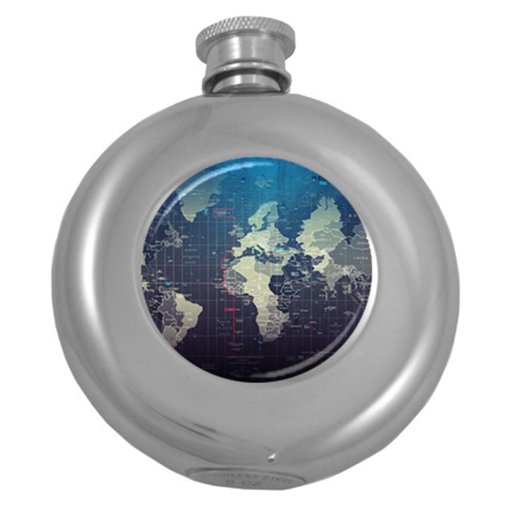 Vintage World Map Illustration Artwork Water Drop Digital Art arts Round Hip Flask (5 oz)