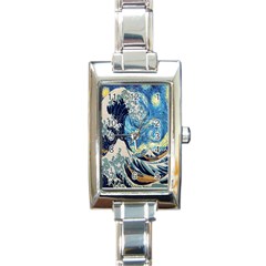 The Great Wave Of Kanagawa Painting Starry Night Van Gogh Rectangle Italian Charm Watch by Sudheng