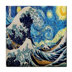 The Great Wave Of Kanagawa Painting Starry Night Van Gogh Tile Coaster by Sudheng