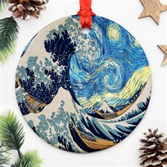 The Great Wave Of Kanagawa Painting Starry Night Van Gogh Ornament (round) by Sudheng