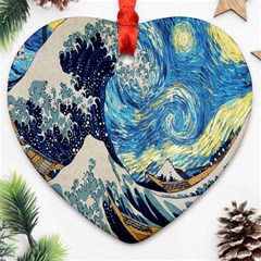 The Great Wave Of Kanagawa Painting Starry Night Van Gogh Ornament (heart)