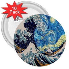 The Great Wave Of Kanagawa Painting Starry Night Van Gogh 3  Buttons (10 Pack)  by Sudheng