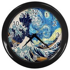 The Great Wave Of Kanagawa Painting Starry Night Van Gogh Wall Clock (black) by Sudheng