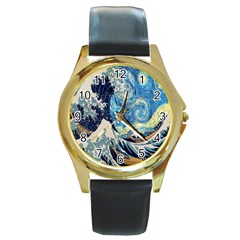 The Great Wave Of Kanagawa Painting Starry Night Van Gogh Round Gold Metal Watch by Sudheng