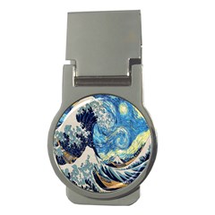 The Great Wave Of Kanagawa Painting Starry Night Van Gogh Money Clips (round) 