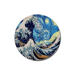 The Great Wave Of Kanagawa Painting Starry Night Van Gogh Rubber Coaster (round) by Sudheng